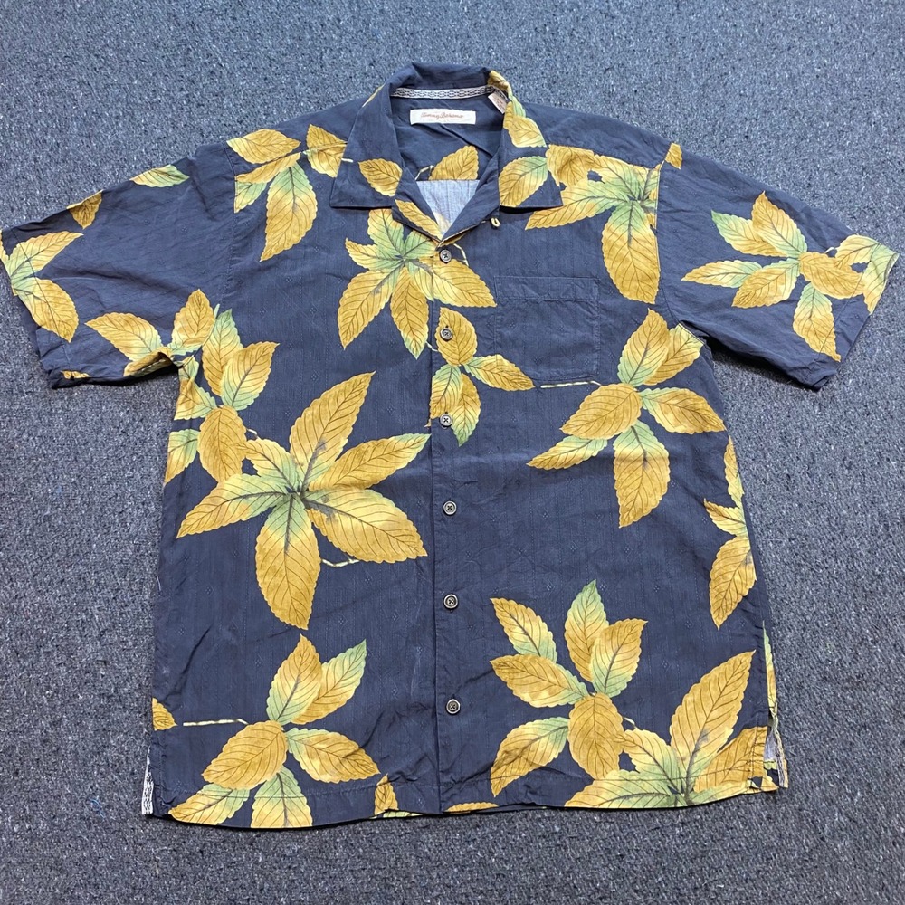 Tommy Bahama Silk Shirt Sz M Mens Navy Yellow Tropical Leaf Camp Aloha
